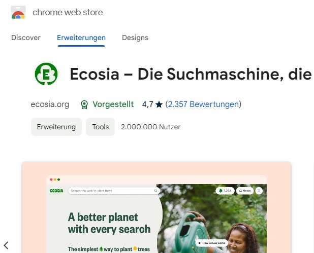 Ecosia als Suchmaschinenerweiterung für Google Chrome