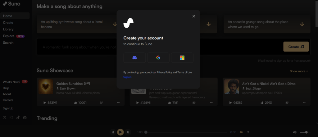 Suno AI Anmeldung