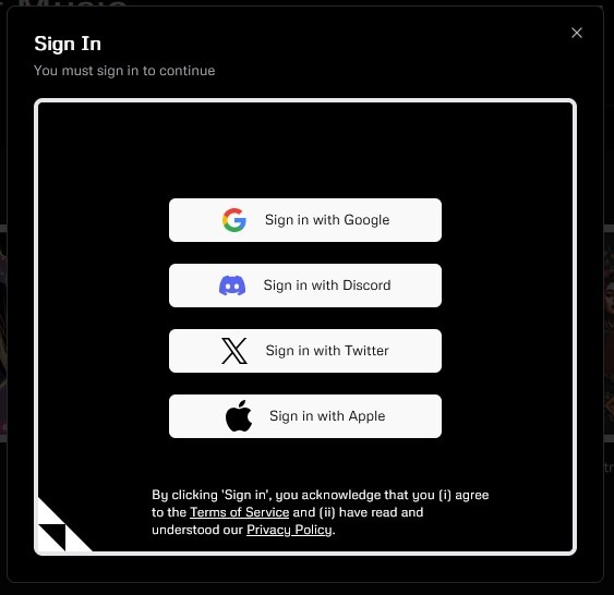 Udio Anmeldung mit Google, Discord, X (Twitter) oder Apple Account